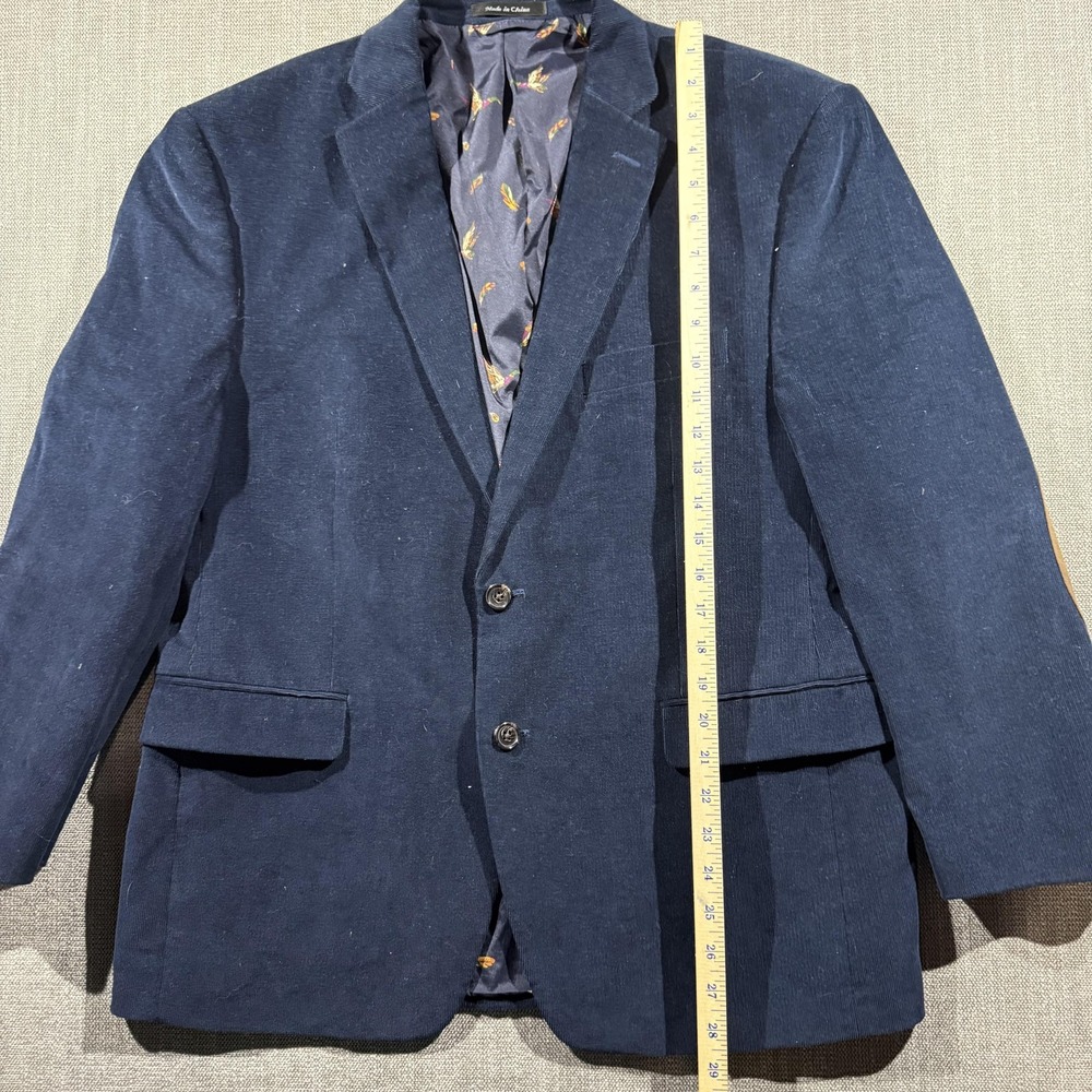 Vintage Mens Blue Corduroy Blazer Jacket Suede Elbow Patches Bird Lining - Picture 3 of 6